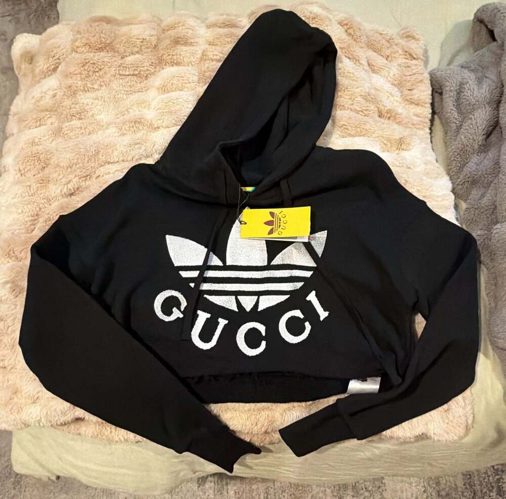 Gucci x Adidas Black Cropped Hoodie with White Trefoil and Gucci Logo